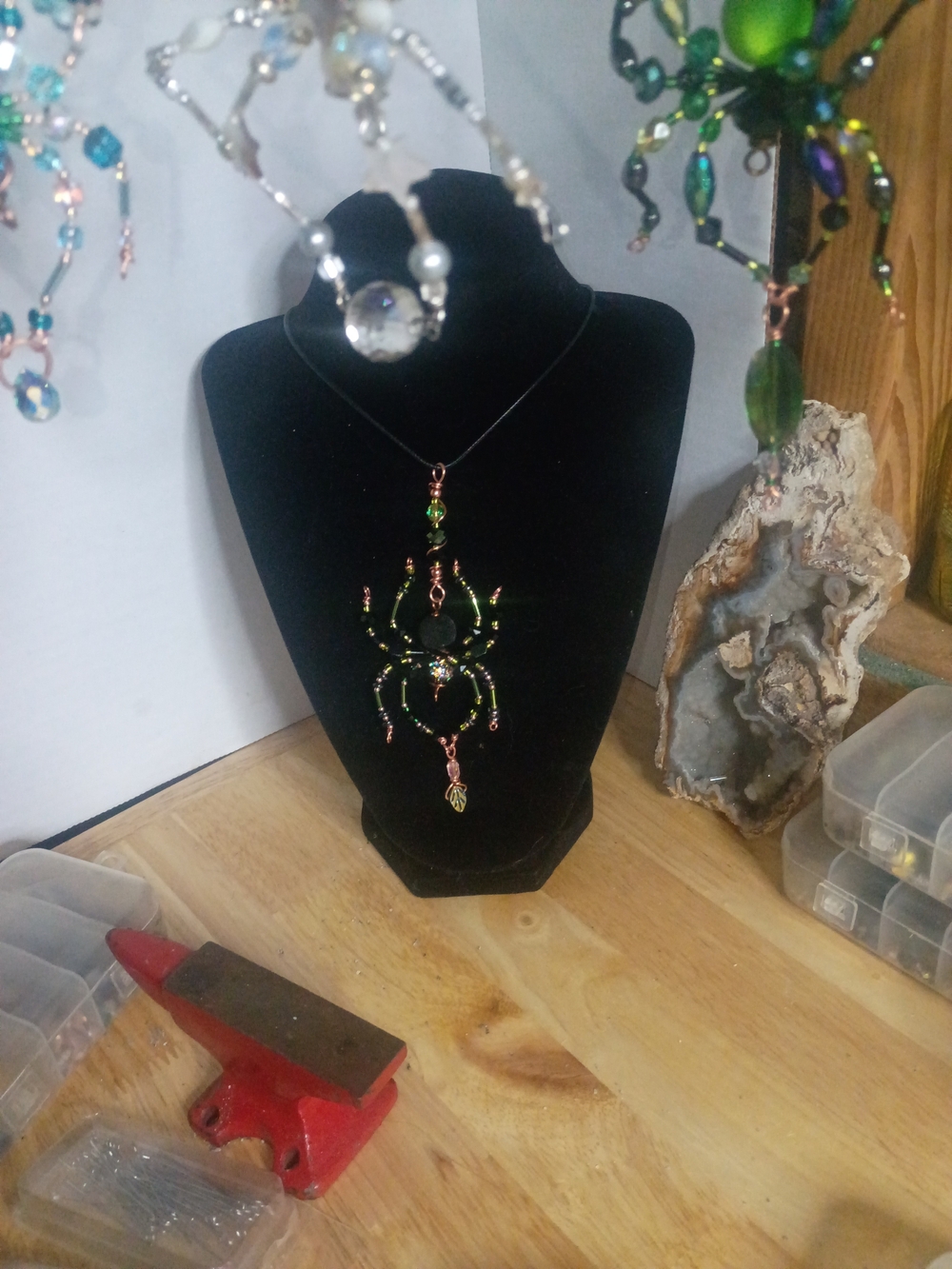 Handcrafted Multifunctional Green Beaded Spider Pendant Necklace /Ornament